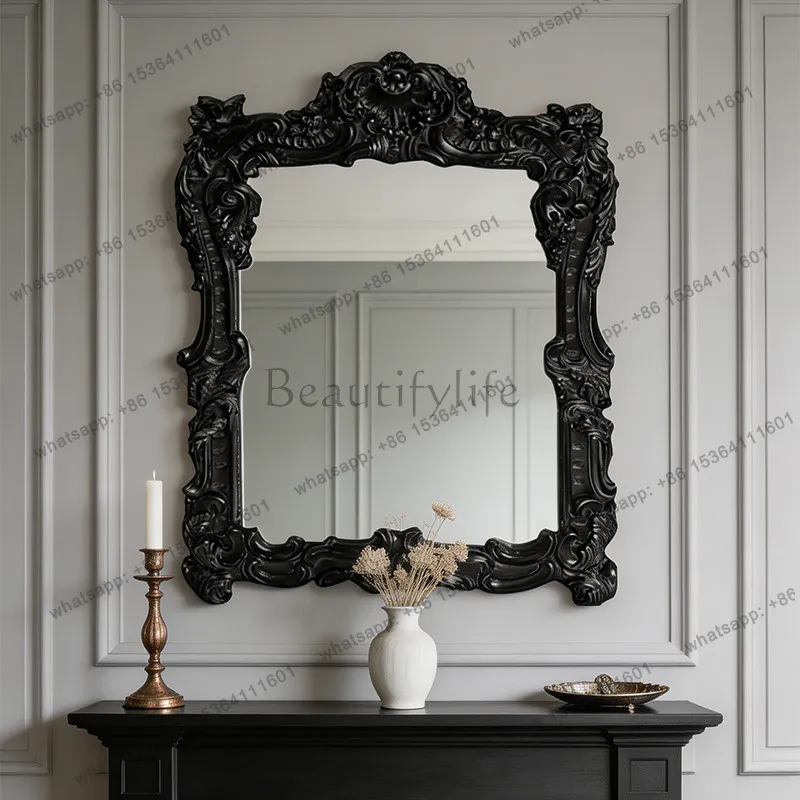 French dark wind carved decorative mirror black court style entrance American retro bathroom fireplace hanging mirror
