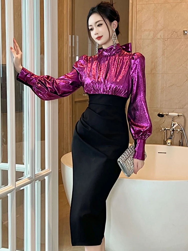 Abiti da cerimonia per occasioni formali stile lavoro da donna alla moda Abiti da donna eleganti per pendolari in ufficio chic con maniche a lanterna e avvolgenti sottili