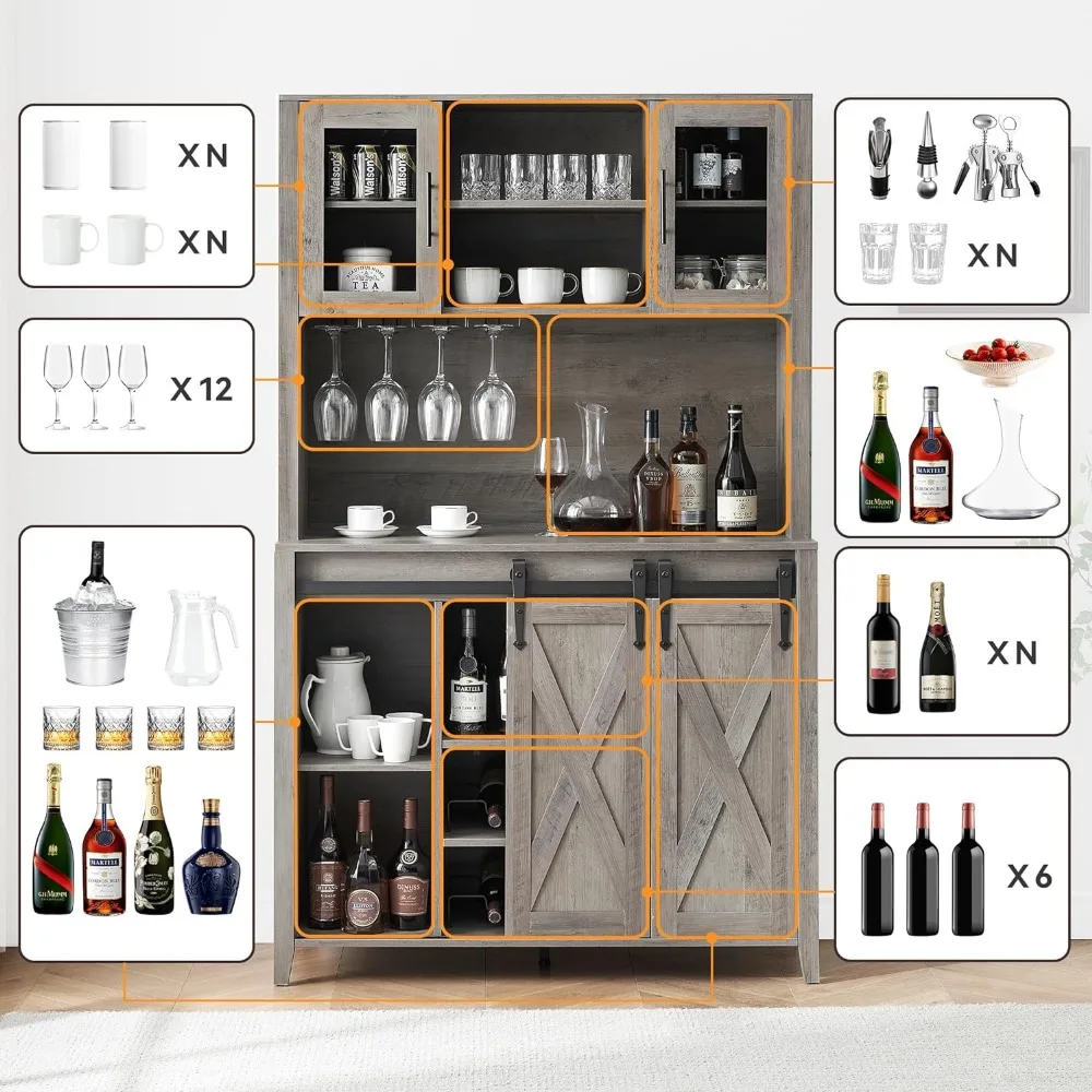 Armário Bar com Porta de Celeiro Deslizante, Cremalheira para Arrumos, Porta Vinho e Vidro, Armário Bar Cinza, Cozinha e Restaurante, 70"