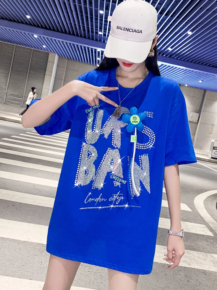 2022 Y2K Harajuku Letter Sequins Tees Round Neck Summer Tops Women rhinestones Klein Blue T-shirt Mid-length Top 40-150KG