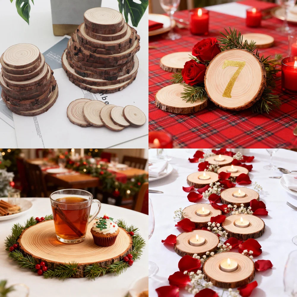 شرائح الخشب الطبيعي، قرص شريحة خشبي 1-19 سم أقراص خشبية مستديرة دائرية ذاتية الصنع لتزيين حفلات الزفاف وأعياد الميلاد #1