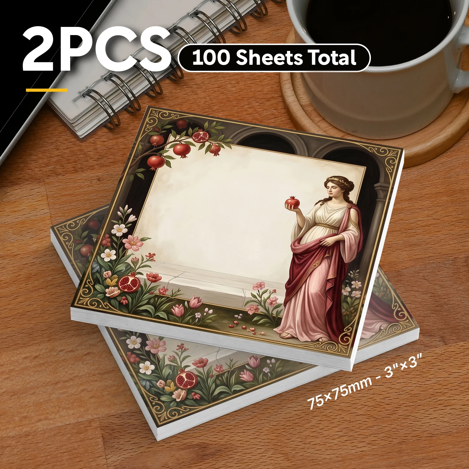 2pcs Greek Goddess Sticky Notes, Vintage Mythology Floral Memo Pads, 100 Sheets Total, Removable Self-Adhesive Notes for Planner
