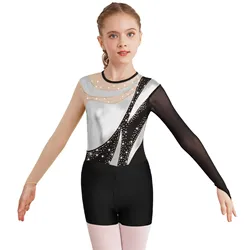 Children Girls Ballet Dance Gymnastics Leotard Figure Skating Acrobatics Sports Costume Long Sleeve Shiny Bodysuit with Shorts