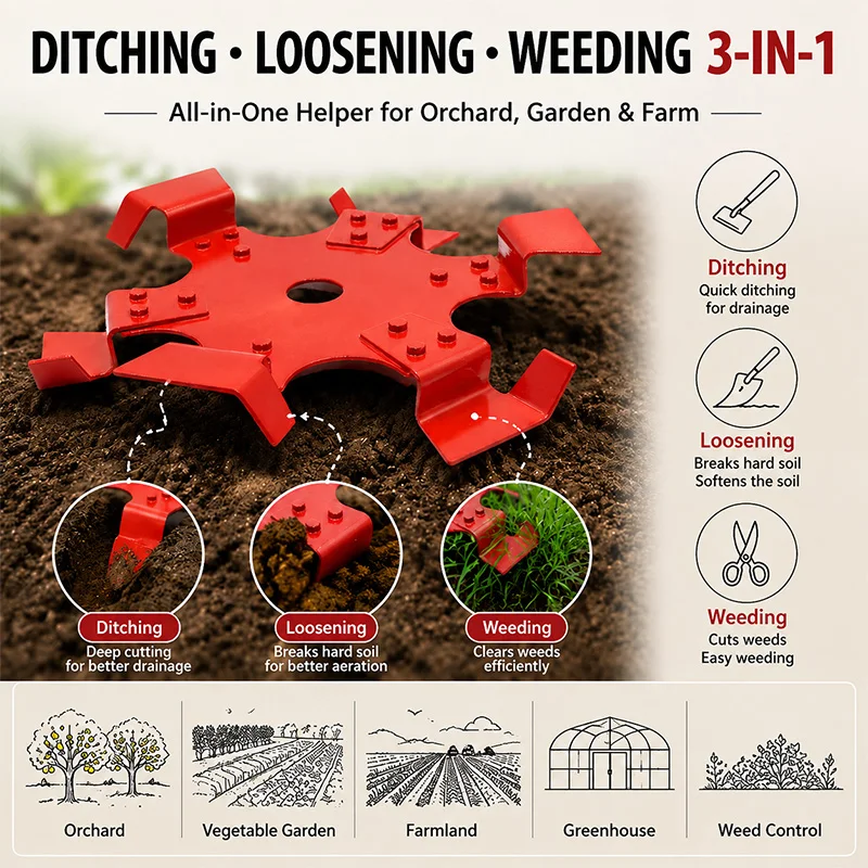 Garten- und Landwirtschaftswerkzeug: 3-in-1 Unkrautbürste mit Rädern, Manganstahl-Furchenzieher zur Bodenlockerung – Detail 5
