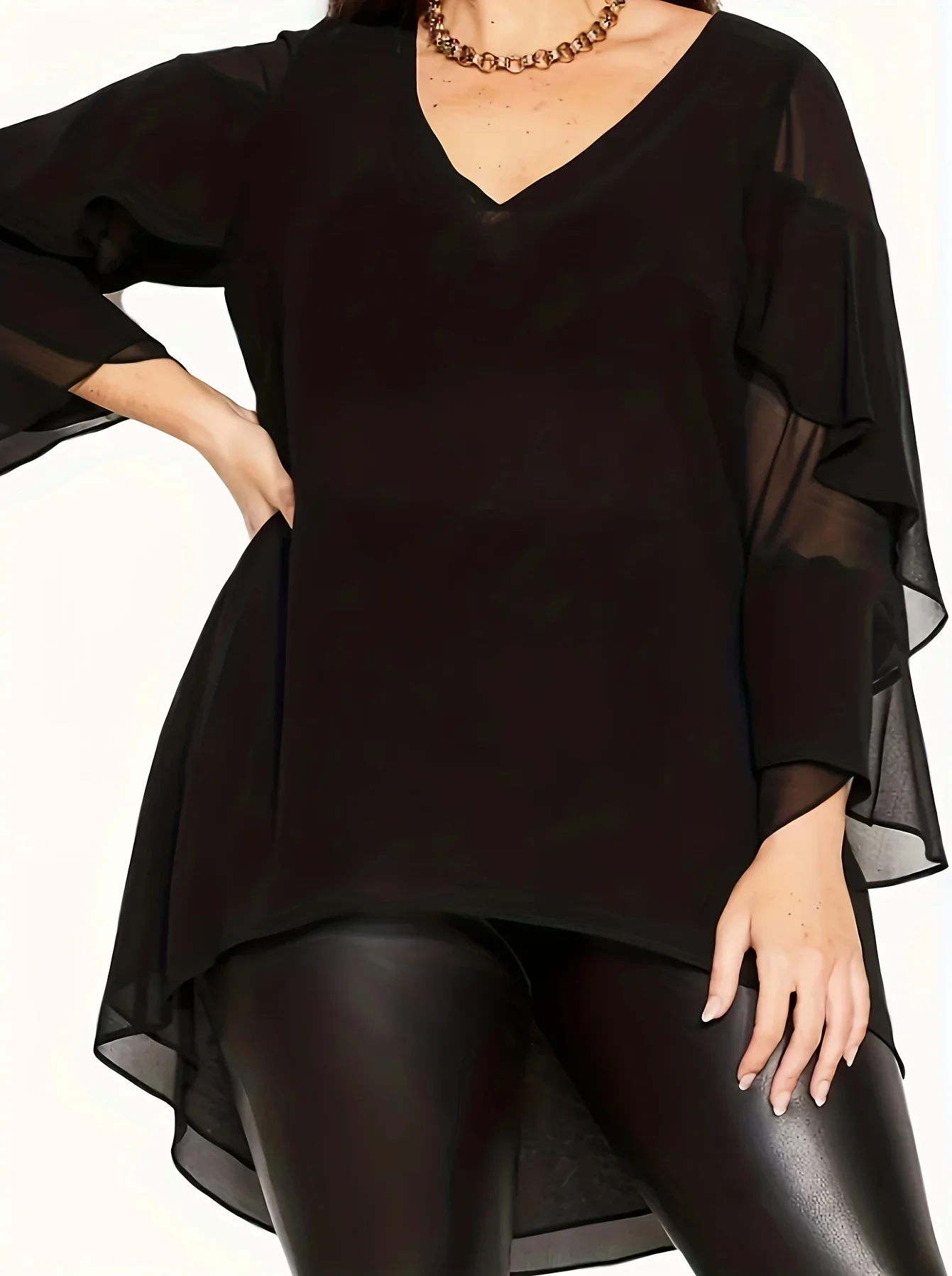 Plus Size Elegant Top, Women\'s Plus Solid Mesh Layered Ruffle Trim Long Sleeve V Neck High Low Hem Tunic Top