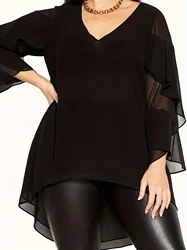 Plus Size Elegant Top, Women's Plus Solid Mesh Layered Ruffle Trim Long Sleeve V Neck High Low Hem Tunic Top