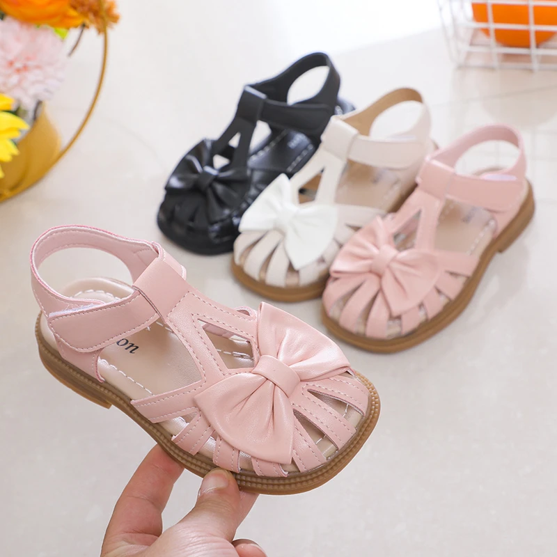 Cute Girls Sandals Bow Peep-toe 2024 New Soft Hook & Loop Beige Kids Princess Shoes Casual Shoes PU Cute Children Shoes Non-slip