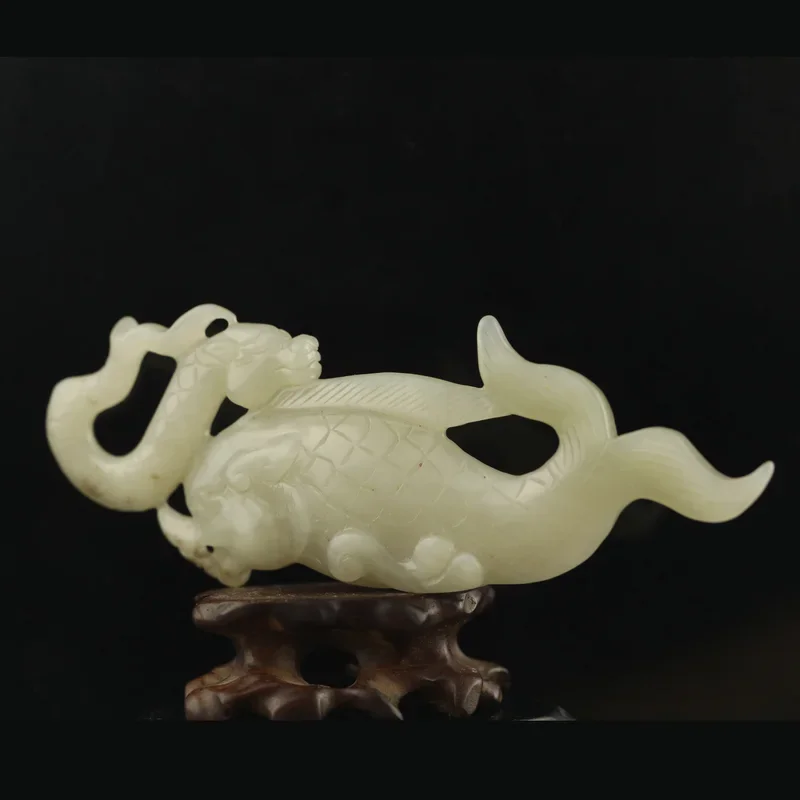 

China old natural hetian jade hand-carved statue of dragon fish pendant d2