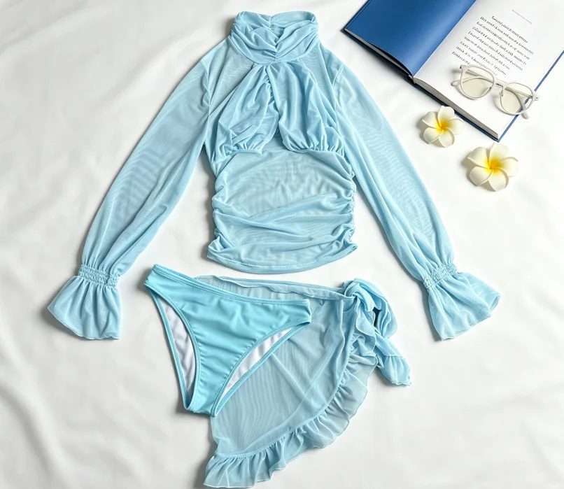 3 Piece Bikini Set Mini Skirt Women Swimsuit 2026 Swimwear Sexy Bikini Mesh Blue Push Up Beachwer Bathing Suit Biquini Female