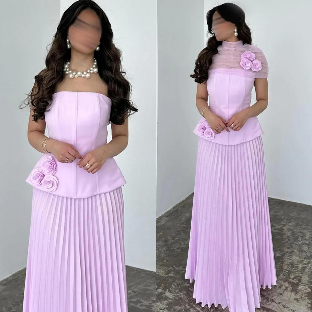 

Customized Modern Jersey Evening Dress Fashion Strapless Dresses 2025 Woman Graceful Sweep Train Flowers Vestido De Festa