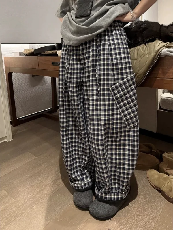 

Американские ретро-брюки в клетку, женские широкие брюки, осенне-зимние свободные брюки большого размера, модные, стильные, длинные брюки