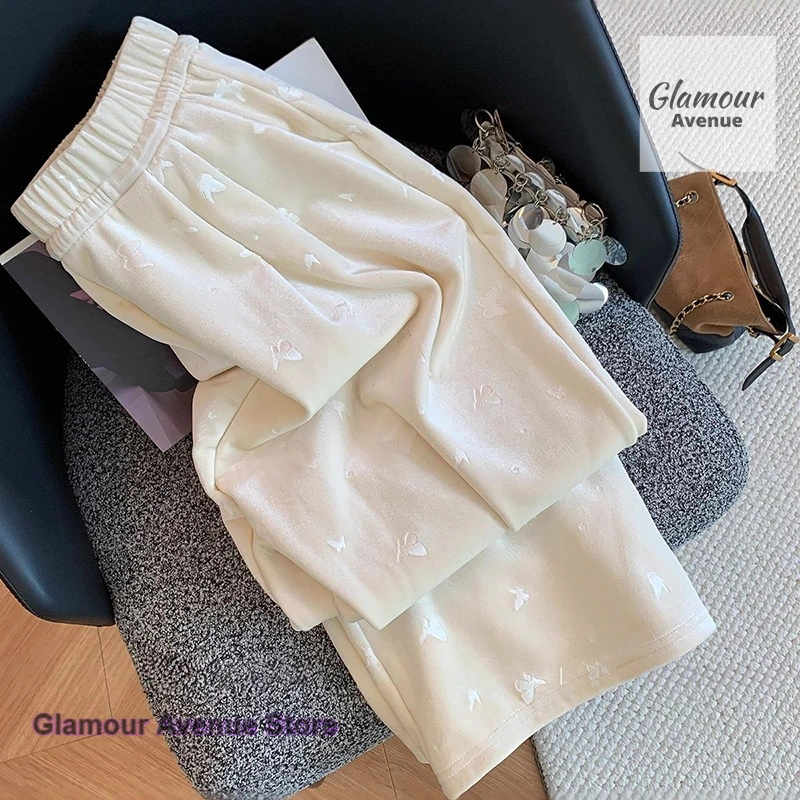 Korean beige butterfly hot velvet wide-leg pants women's autumn and winter design feeling lazy loose casual straight pants