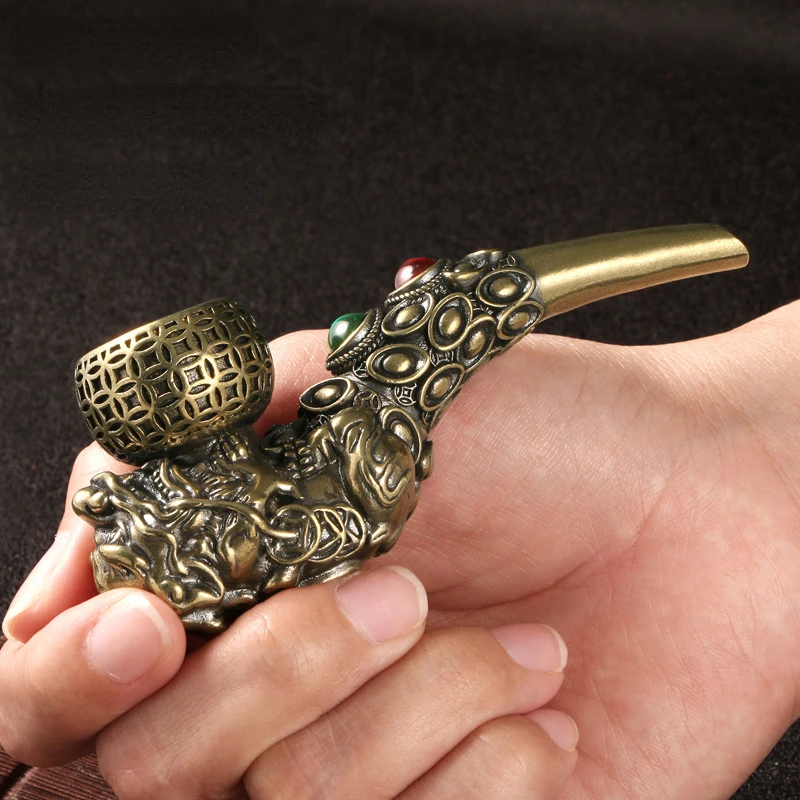 Chinese Style Antique Smoking Pipe with Gemstone and Pixiu for Men\'s Smoking and Collectible Art Piece