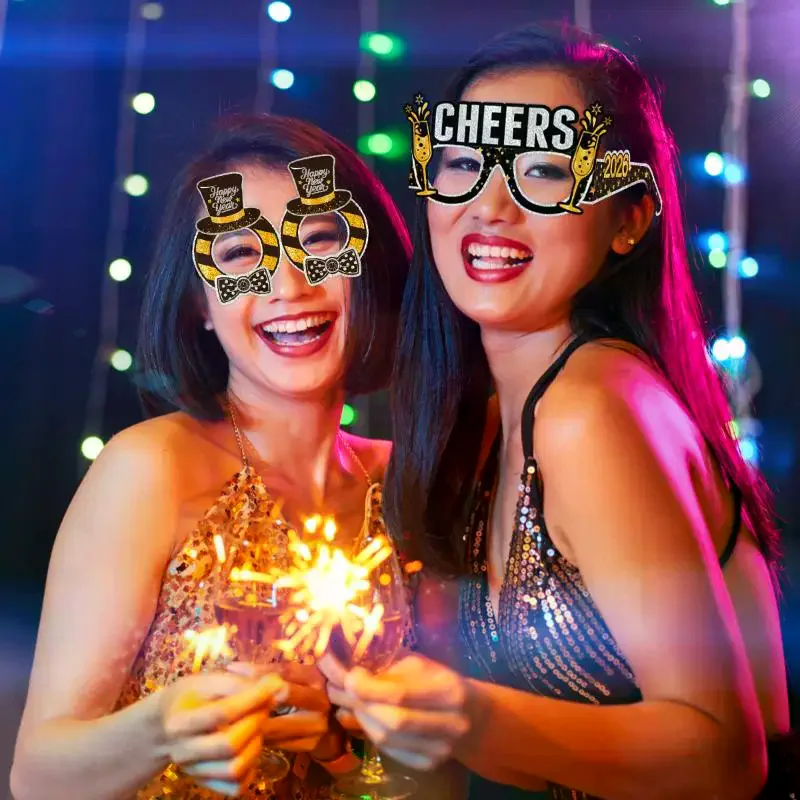 6 قطعة/المجموعة 2026 سنة جديدة سعيدة الذهب الأسود السنة الجديدة ورقة نظارات صور الدعائم