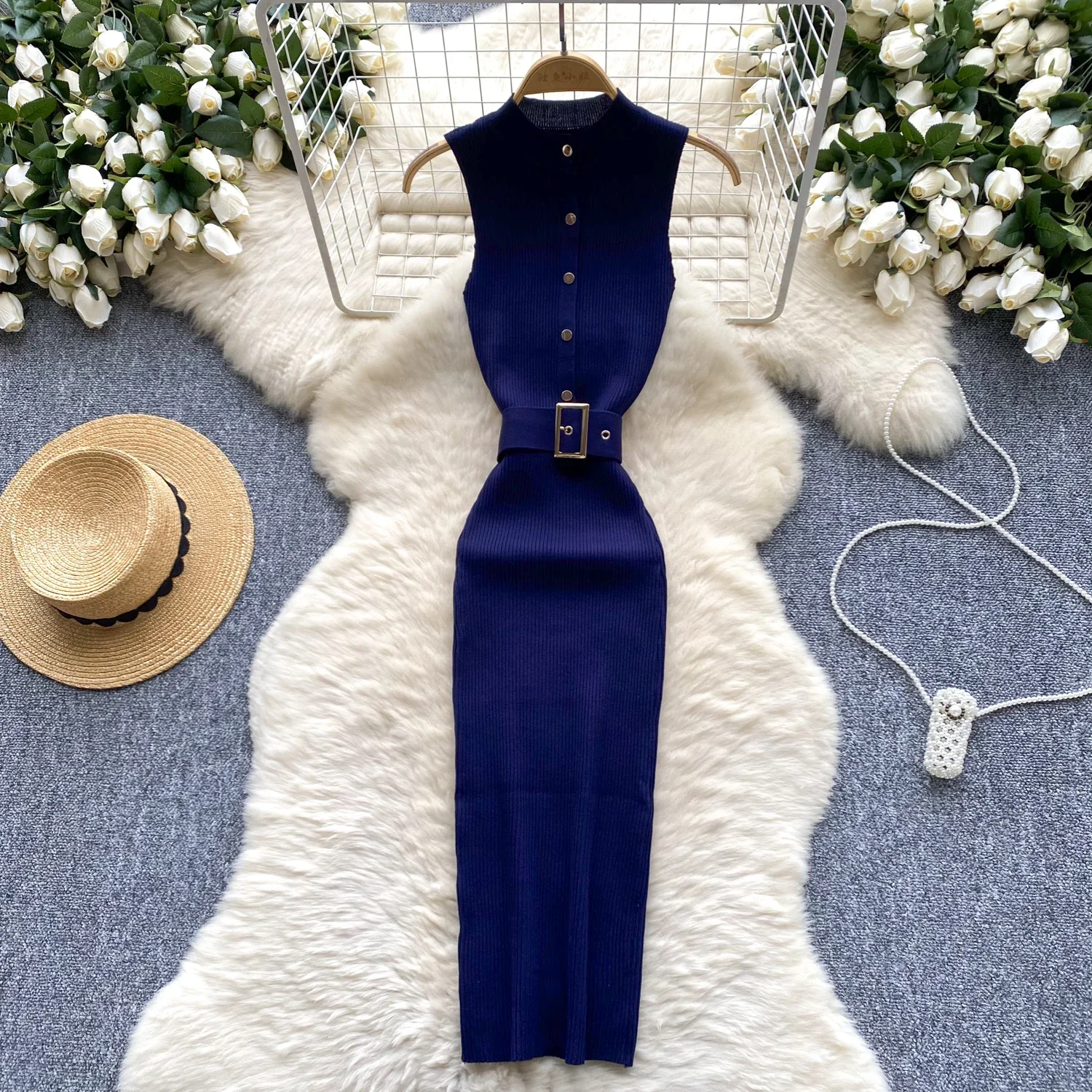 

Belt Tunic 2025 Vestidos Sleeveless Tank Dress Summer New Solid Knit Dresses Metal Buckle Ropa De Mujer Temperament Vestido