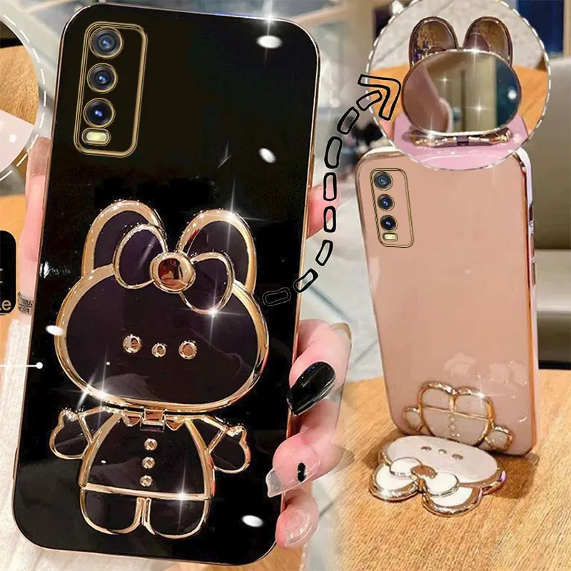 Rabbit Mirror Stand Phone Case VIVO Y20 12 15 A Y19 21 Y30 Y50 Y33 Y35 Y76 Y91 Y95 S T I Hole V23 V25 V21 V20 S1 Pro 4G 5G Cover