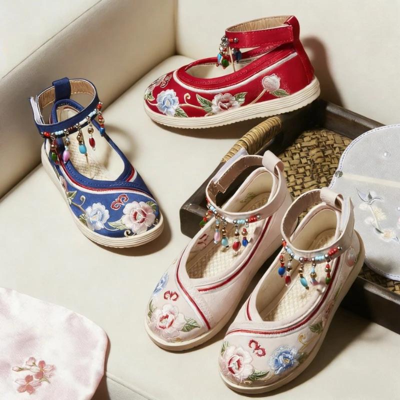 Girls Chinese Hanfu Shoes Sweet Embroidery Children Princess Traditional Shoes Bead Tassel Kid Fashion Retro Performs Flat Shoes
