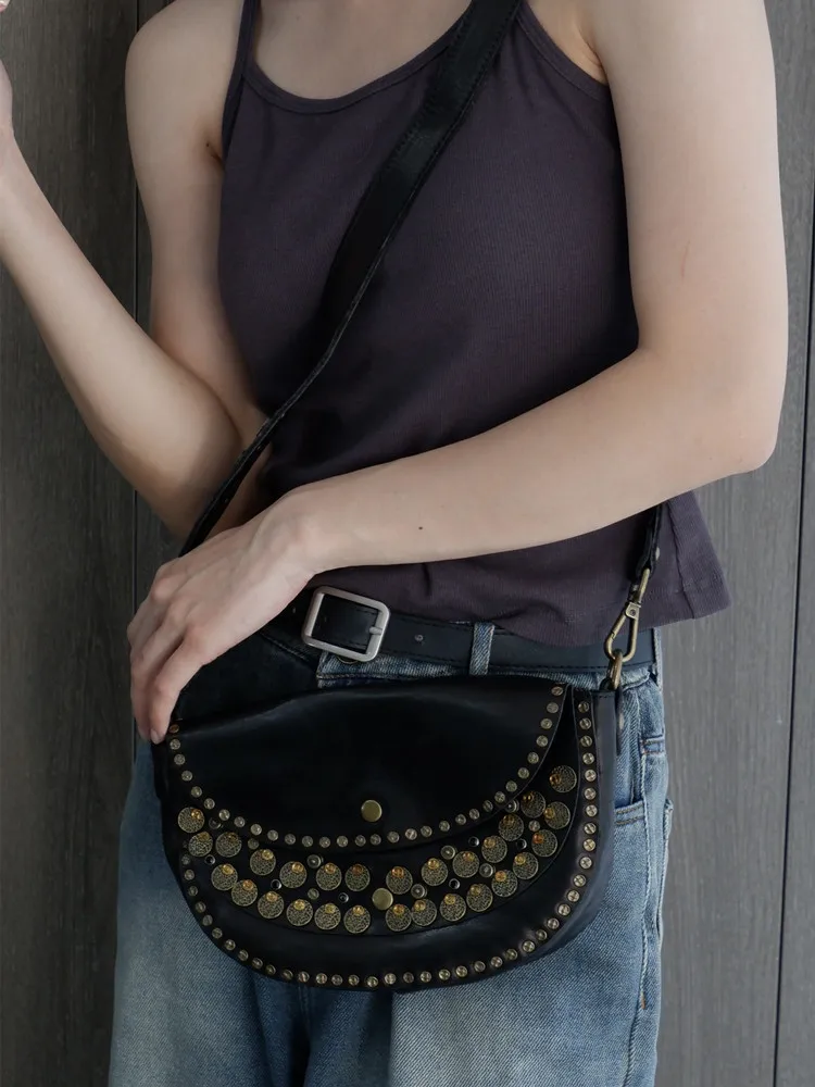 PNDME designers handmade first layer cowhide women's rivet shoulder bag outdoor casual luxury genuine leather crossbody bag