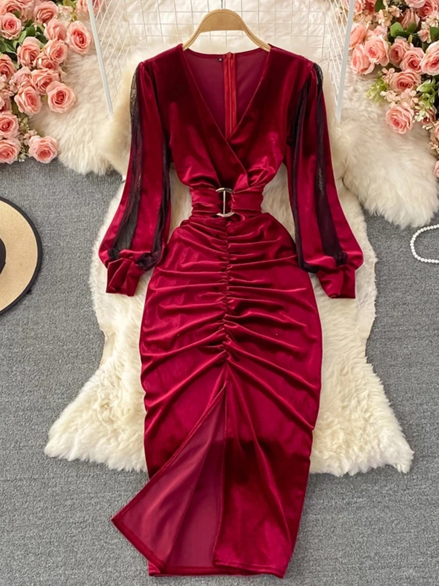 Autumn Winter Women Black/Red Draped Bodycon Midi Dress Vintage V-Neck Mesh Patchwork Long Sleeve High Waist Vestidos 2021 New