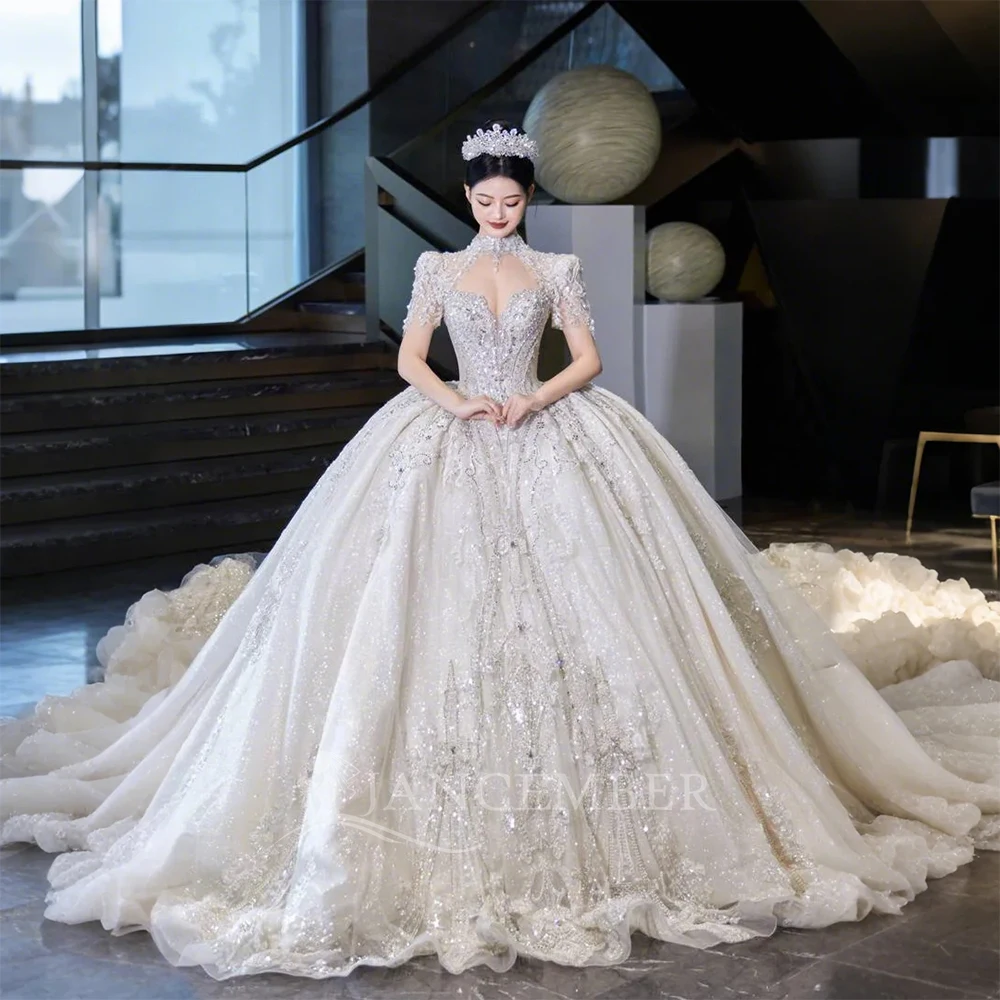 Elegant Shining Tulle Wedding Dresses Short Sleeves High Neck Mopping Length Princess Bridal Gowns Customized vestido de novia