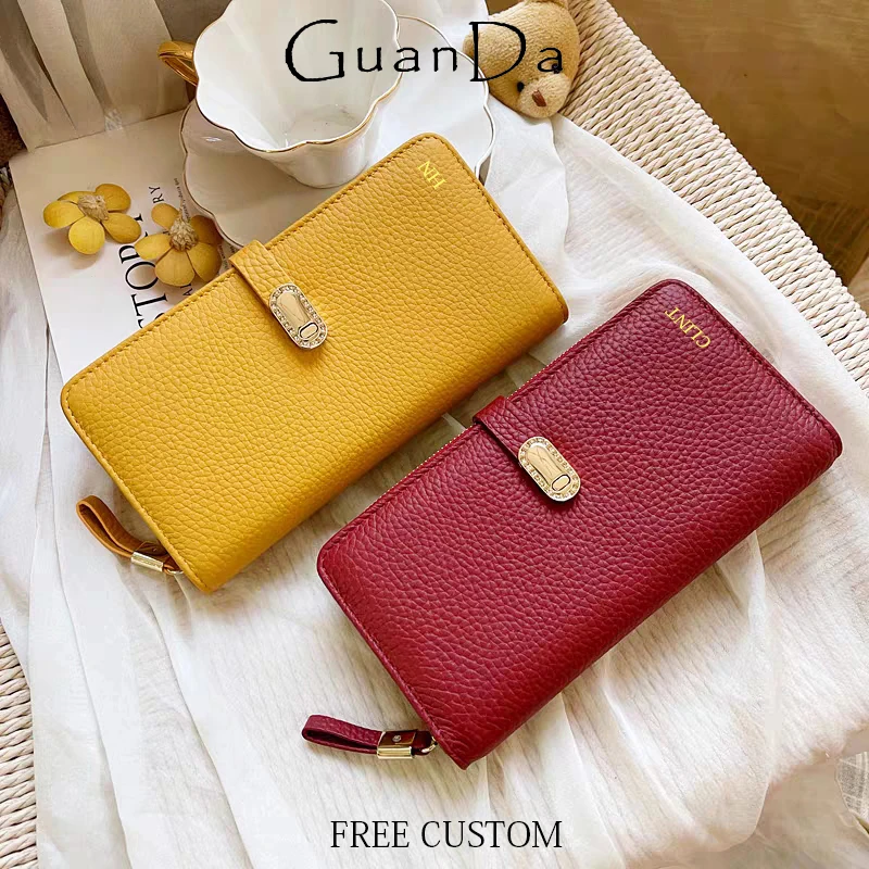 

Lady Custom Name Woman Card Wallet Luxury Design Large Capacity Genuine Leather Card Holder Zip Phone Fashion Clutch Coin Purse