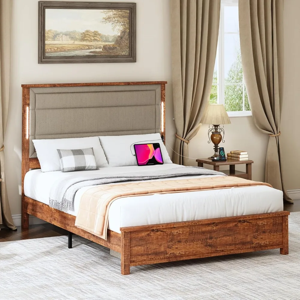 Bed Frame with Tall Headboard & LED Light, Linen Upholstered Headboard with Charging Station, Wooden Support Platform Bed Frame