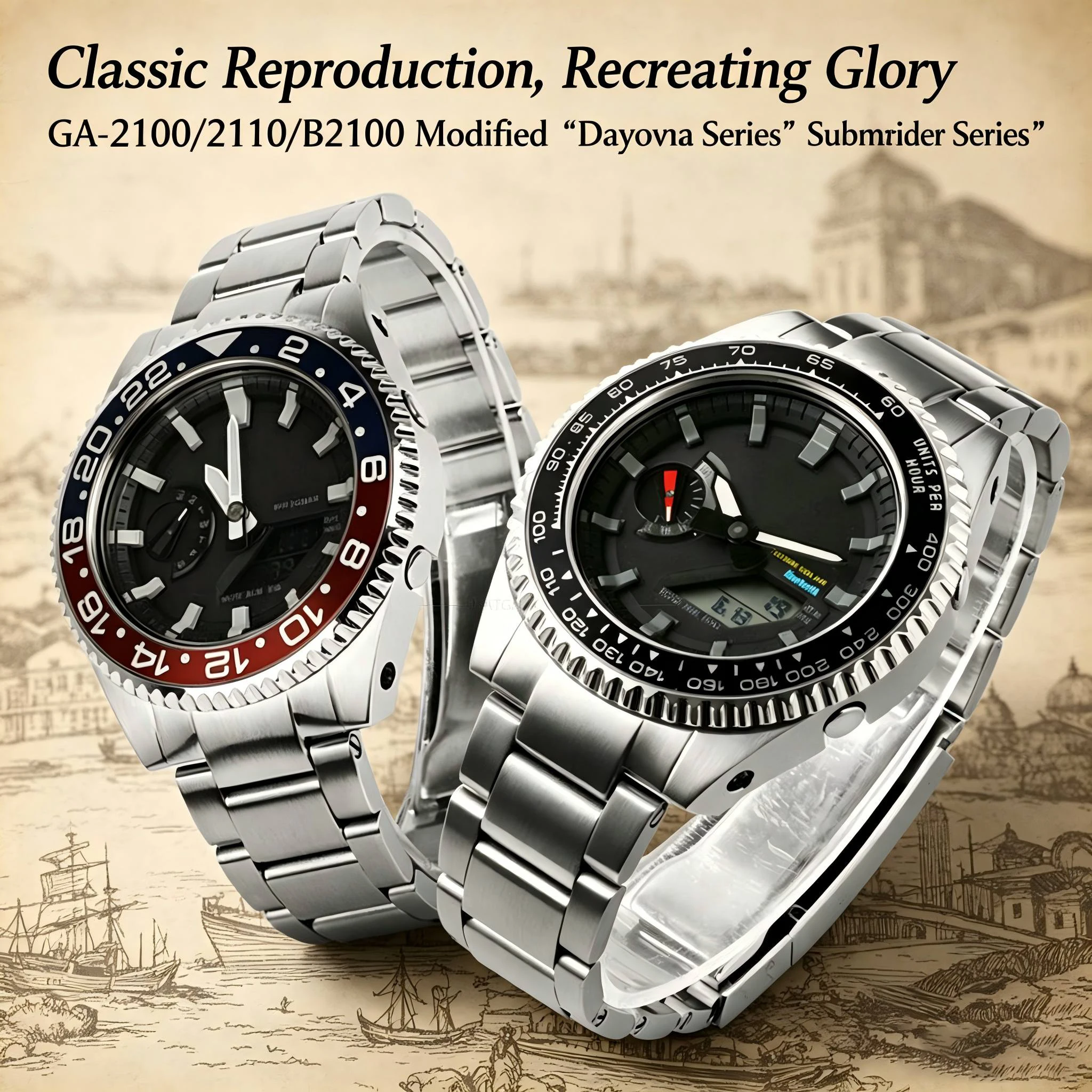 

For Farmhouse Oak GA2100GA-B2100 Modified Water Ghost Metal Case Strap Stainless Steel Case Watch Accessories Men's Wristband Br