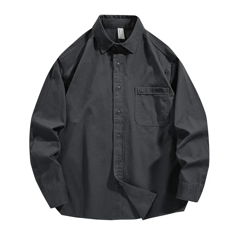 

Japanese Style Retro Cargo Shirt Men Spring Fall New Mens Long Sleeve Shirt Lapel Pure Cotton Button Up Shirt Simple Black Shirt
