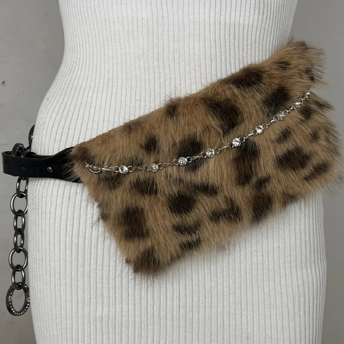 Sexy Leopard Print Plush Waist Chain Rhinestone Decorated Y2K Hot Girl Light Asian Style Outfit OOTD D.I.A Belt