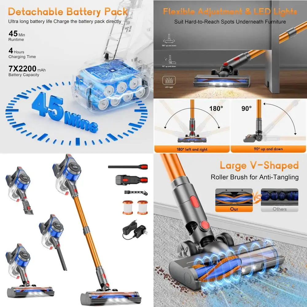 

Беспроводной вертикальный пылесос 45 кПа, 45 минут работы, индикатор заряда батареи, защита от запутывания, крепление на стену, идеально подходит для твердых полов