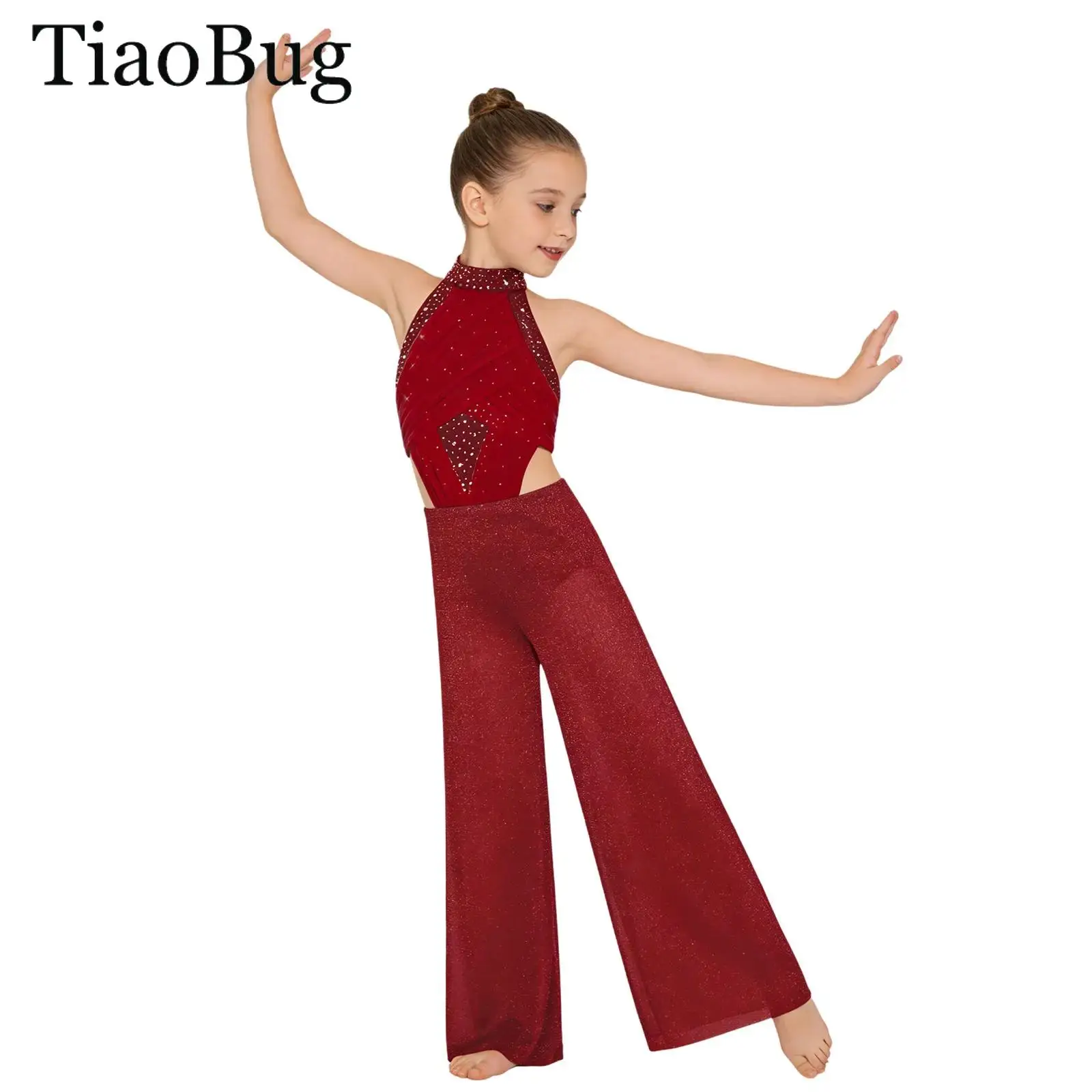 

Girls Sleeveless Figure Skating Bodysuit Shimmery Jumpsuit Halter Ruched Mesh Ballet Lyrical Dance Rhinestones Wide-Leg Pants