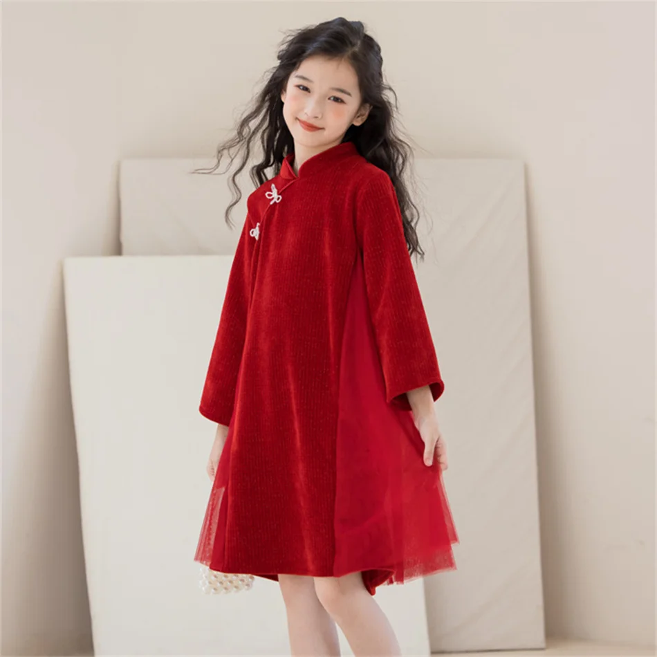 Girls Autumn Winter New Year Dress Children Chinese Style Red Tang Suit Kids Event Festival Party Long Sleeves Thickened Costume