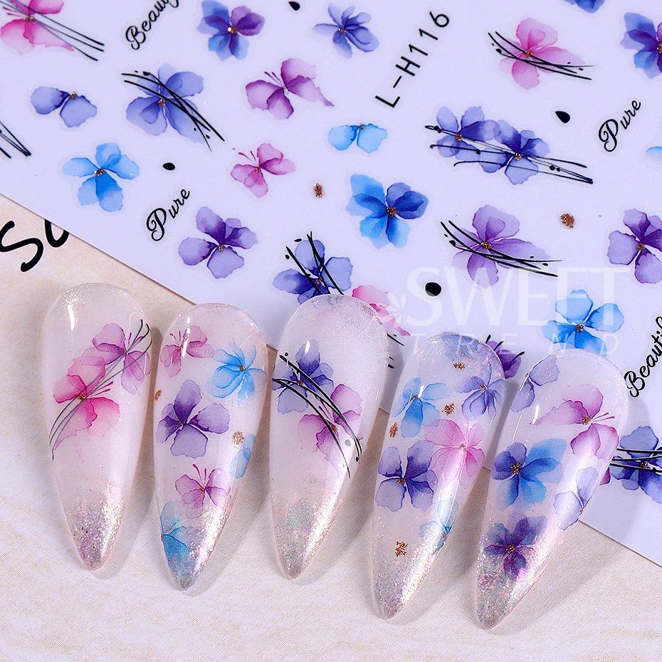 12 قطعة ثلاثية الأبعاد الهندسة زهرة ليف مسمار ملصقات الصيف الحبر تزهر الزهور ملصق مائي المنزلق لمسمار الفن لوازم مانيكير الديكور