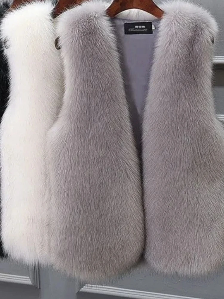 Otoño Invierno nuevo elegante versátil mujer Color sólido Chaleco de piel sintética abrigo versión coreana suelta Casual Camiseta sin mangas de piel sintética