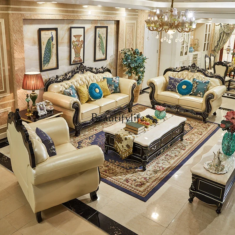 

yj9 Living Room Furniture High-Grade Solid Wood Carved Luxury First Layer Cowhide Leather Sofa