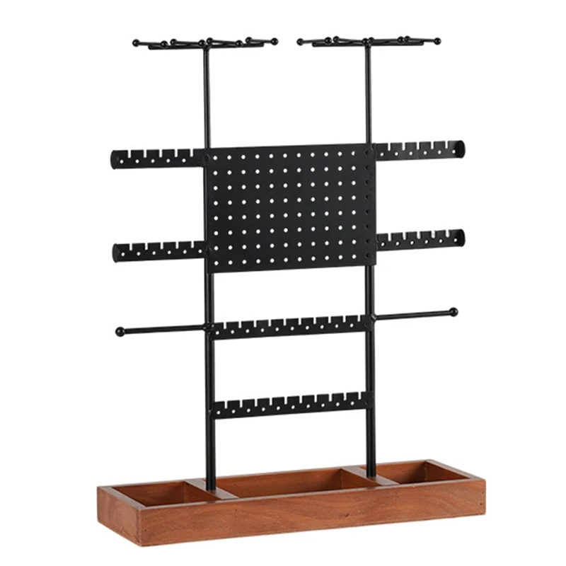 Jewellery Stand With Wooden Base, Height Adjustable Jewellery Organiser Stand, Metal Jewellery Holder Display Tower Easy To Use