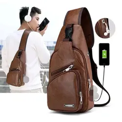 Bolso cruzado para hombre con cremallera y carga USB multifuncional de PU de Color sólido informal Simple y a la moda para ir al trabajo