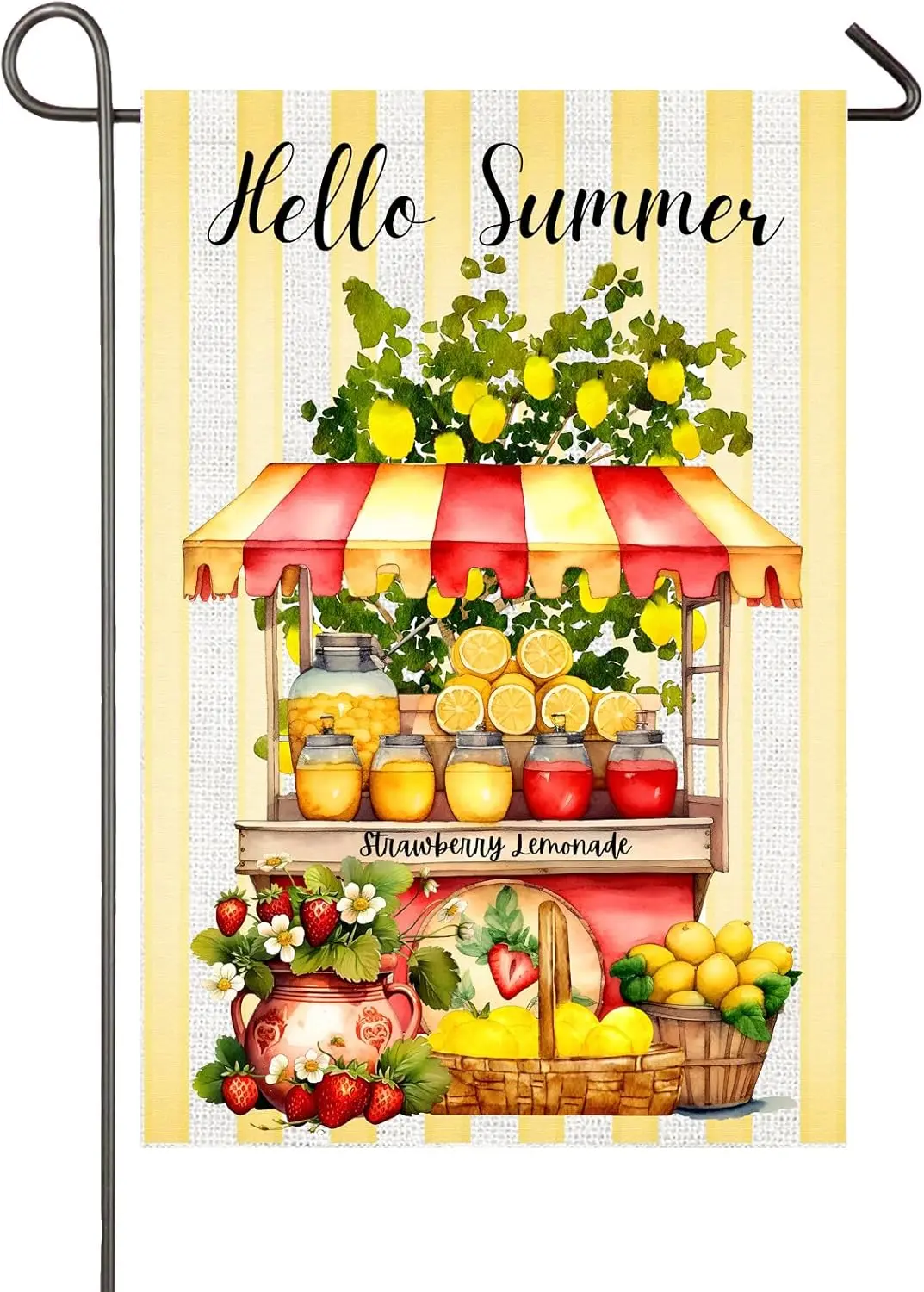 Bandera de jardín de Hello Summer, soporte de limonada de fresa, decoraciones, banderas de patio de limón de doble cara de 12x18 pulgadas para exterior de temporada OOA