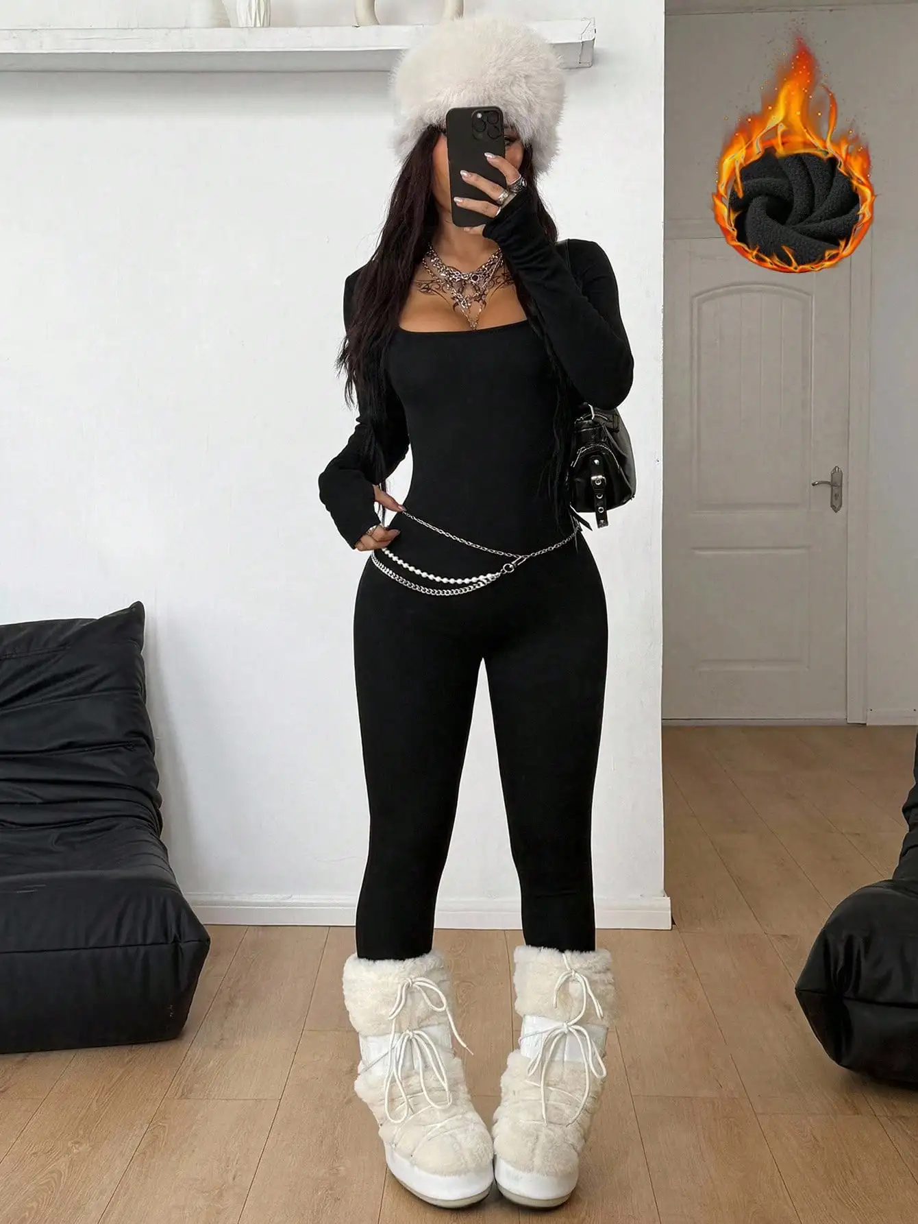 

BWQ Women's Streetwear Athleisure Wear Stretchy Comfortable White Slim Fit Long Sleeve Square Neck Long Thermal Lined Romper