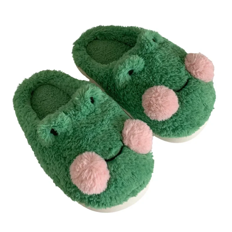 Cute Green Frog Fluffy Faux Fur Slippers, Women Winter Closed Toe Plush Home Slippers,  Animal Cozy Memory Foam Slides Shoes