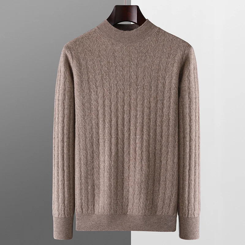 Pull en tricot jacquard à demi-col pour homme, 100% pure laine, pull grande taille, veste sauvage ample décontractée, nouvelle base chaude, automne et hiver