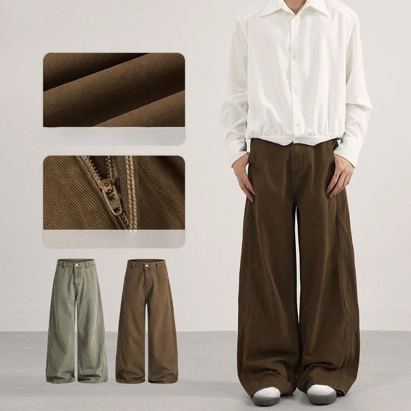 Men's Denim Pants New Deconstruction Solid Color Vintage Drape Bottom Straight Wide Leg Cleanfit Male Jeans