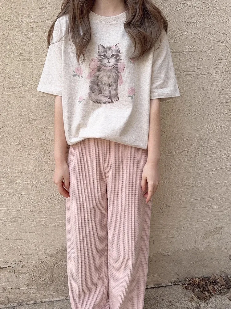 Cotton T-Shirts for Sweet Girls Summer O-Neck Short Sleeve Tops Tee Cute Cat and Roses Print Loose TShirt Kawaii Clothes