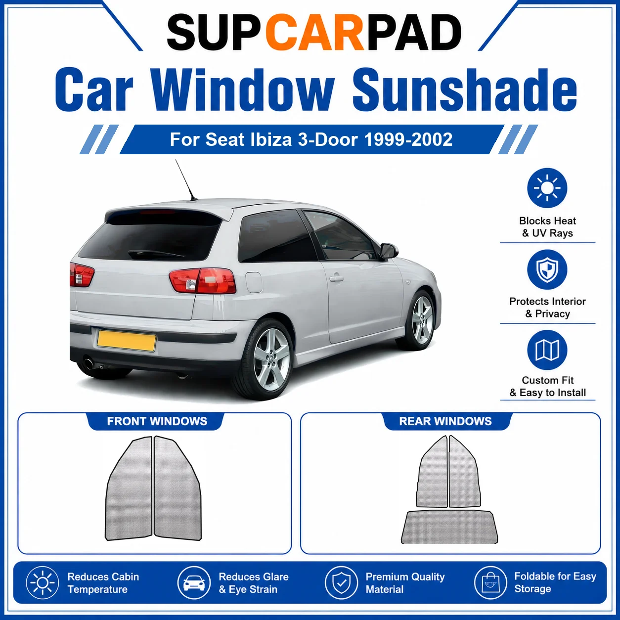 For SEAT - Seat Ibiza 3-Door 1999-2002 Full Set Car Window Sunshades UV Block Privacy Heat Insulated Foldable Car Curtain