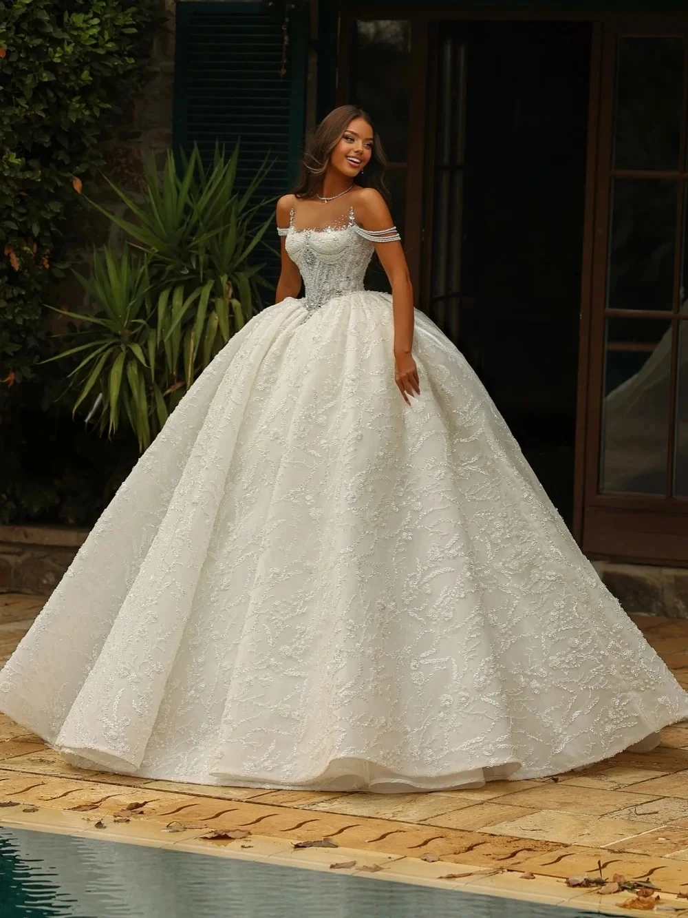 Customized Exquisite Bridal Ball Gown Off The Shoulder Sequins Sleeveless Wedding Dresses 2026 Sweep Train Bride Gowns