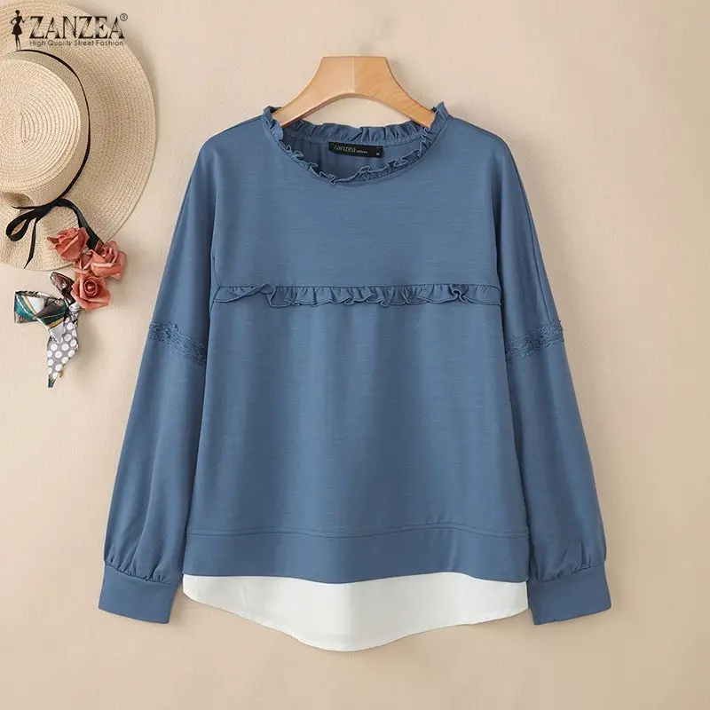ZANZEA Women's Minimalist False 2-Pieces Sweatshirts Casual Ruffled Trim O-Neck Lace Patchwork Long Sleeve Pullovers Woman Tops