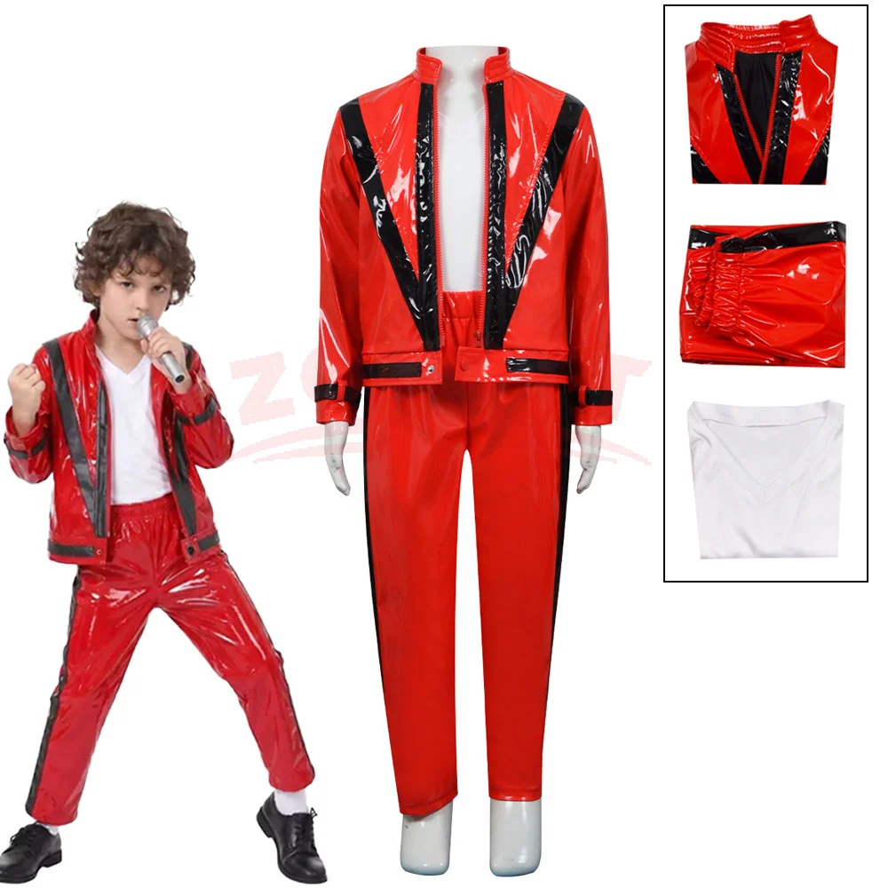 Michael Jackson Thriller Red Leather Jacket & Pants Set 80s Vintage Pop Singer Costume, Scary Night Halloween Stage Performance