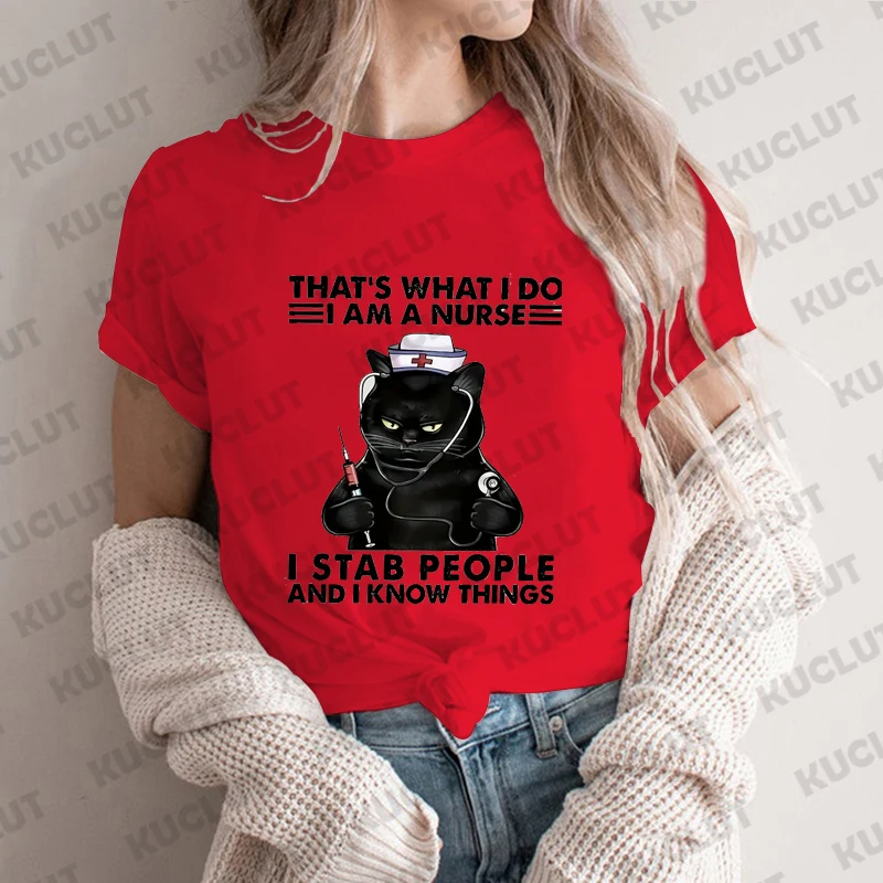 Dat is wat ik doe, ik ben een verpleegster print T-shirt voor vrouwen kleding grappige verpleegster tee shirt femme kawaii zwarte kat tops verpleging kleding