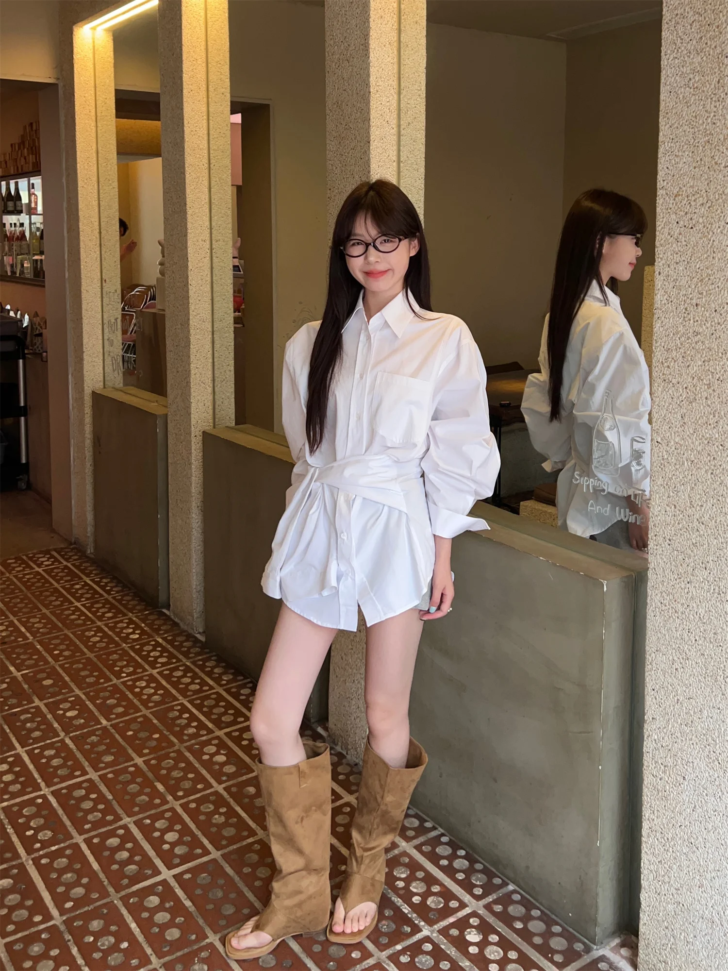 Witte stijlvolle overhemdjurk in Koreaanse stijl - Oversized tuniektop met lange mouwen