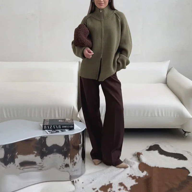 

Temperament Simple Women Knit Cardigan Fall Winter Trendy Stand Collar Zipper Coat Elegant Lady Long Sleeve Commute Sweater Coat